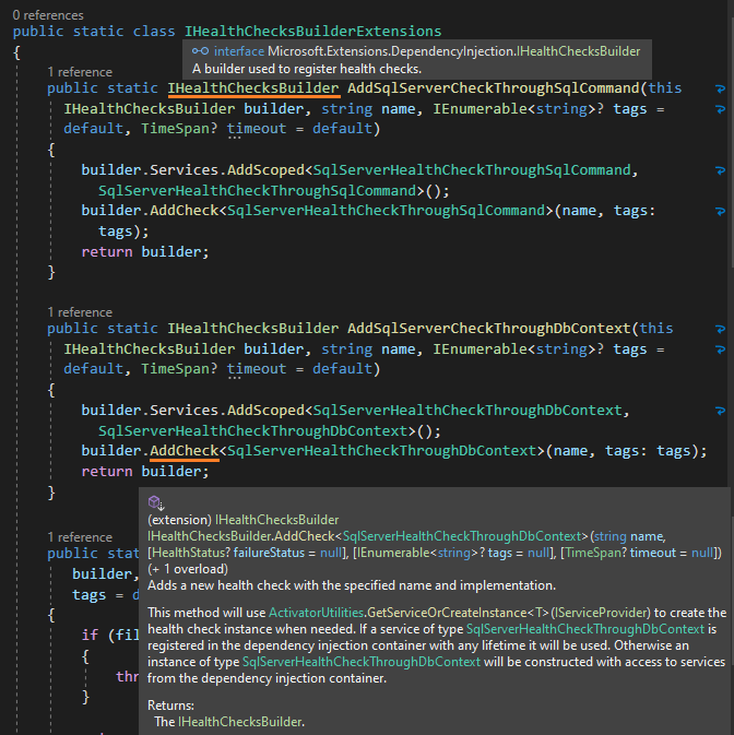 Create extension methods to add Sql server health checks